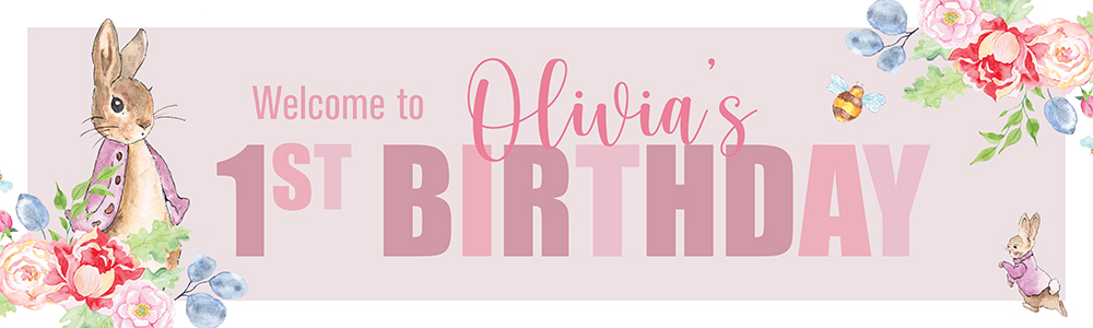 Personalised Happy 1st Birthday Banner - Pink Rabbit Floral Welcome - Custom Name