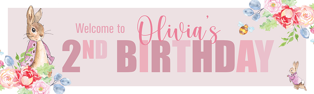 Personalised Happy 2nd Birthday Banner - Pink Rabbit Floral Welcome - Custom Name