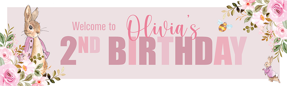 Personalised Happy 2nd Birthday Banner - Pink Rabbit - Custom Name