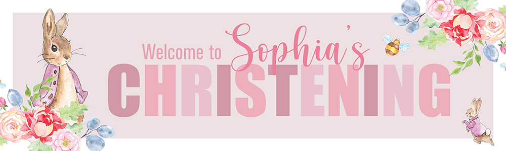 Personalised Christening Banner - Pink Rabbit - Custom Name