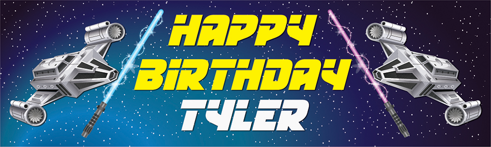 Personalised Happy Birthday Banner - Space Lightsaber - Custom Name