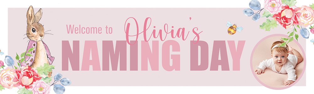 Personalised Baby Naming Day Banner - Pink Rabbit Floral Welcome - Custom Name & 1 Photo