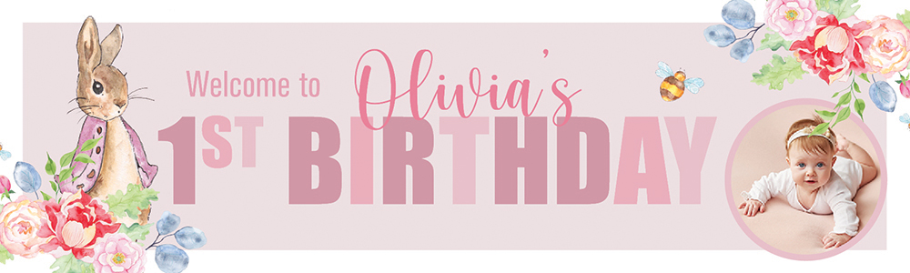Personalised Happy 1st Birthday Banner - Pink Rabbit Floral Welcome - Custom Name & 1 Photo