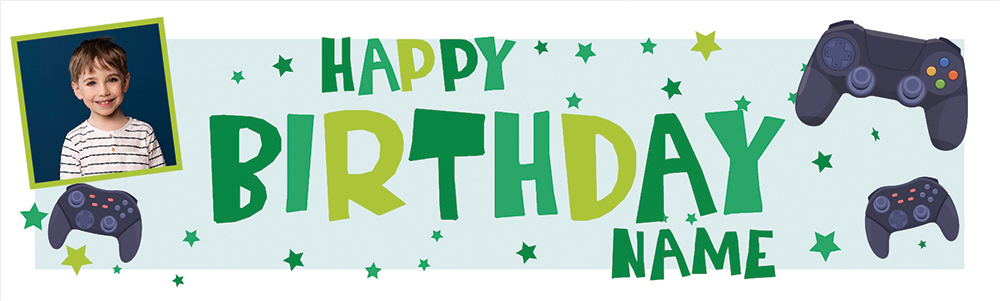 Personalised Happy Birthday Banner - Green Gaming - Custom Name & 1 Photo Upload