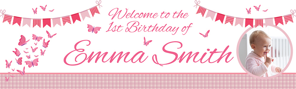 Personalised 1st Birthday Banner - Pink Butterflies - Custom Name & 1 Photo Upload