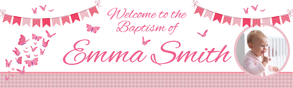 Personalised Baptism Banner - Pink Butterflies - Custom Name & 1 Photo Upload