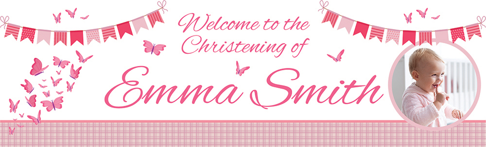 Personalised Christening Banner - Pink Butterflies - Custom Name & 1 Photo Upload