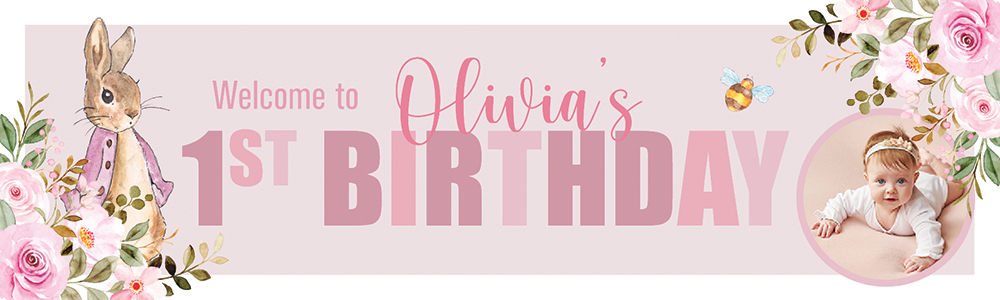 Personalised Happy 1st Birthday Banner - Pink Rabbit - Custom Name & 1 Photo Upload