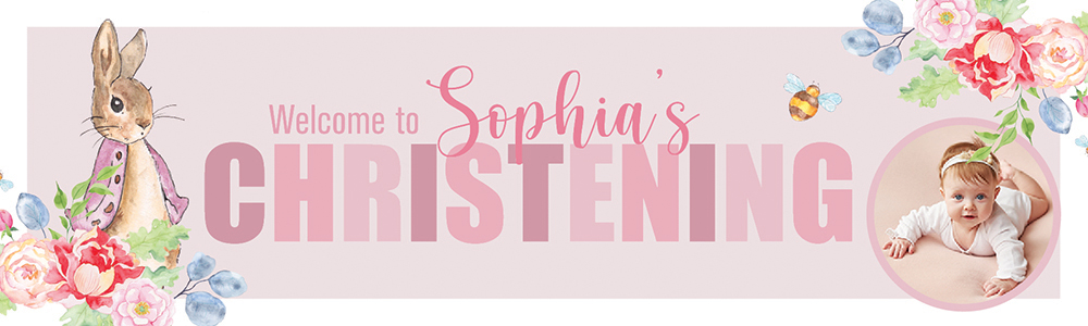 Personalised Christening Banner - Pink Rabbit Floral Welcome - Custom Name & 1 Photo Upload