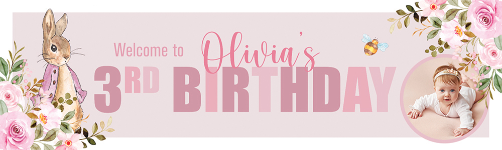 Personalised Happy 3rd Birthday Banner - Pink Rabbit - Custom Name & 1 Photo Upload