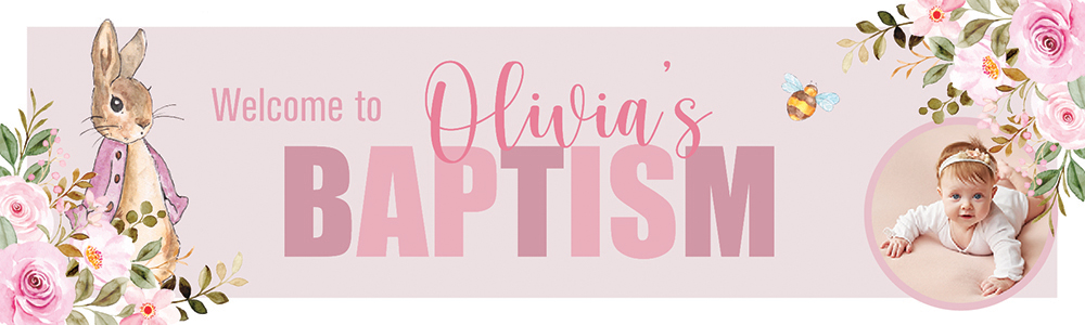 Personalised Baptism Banner - Pink Rabbit - Custom Name & 1 Photo Upload