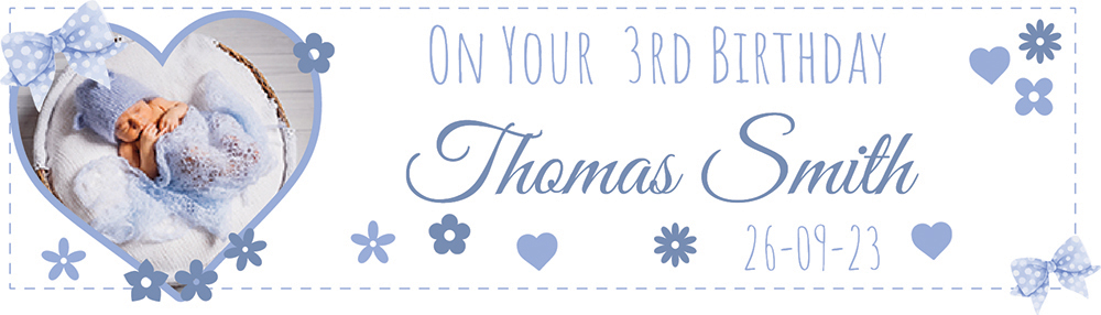 Personalised 3rd Birthday Banner - Blue Hearts - Custom Name, Date & 1 Photo Upload