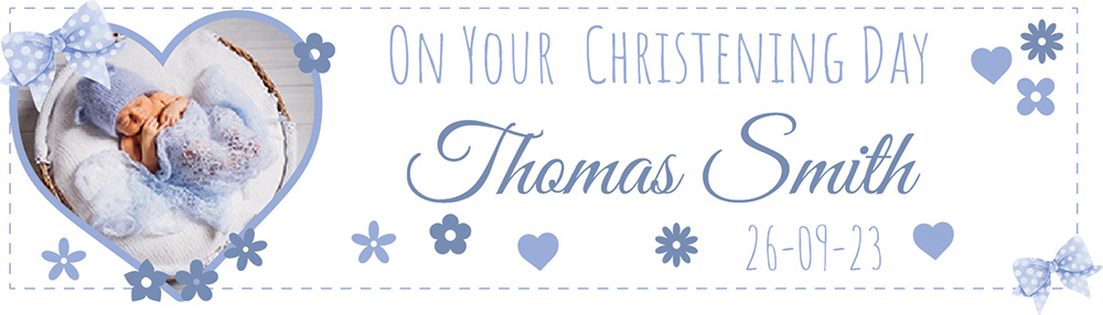 Personalised Christening Banner - Blue Hearts - Custom Name, Date & 1 Photo Upload