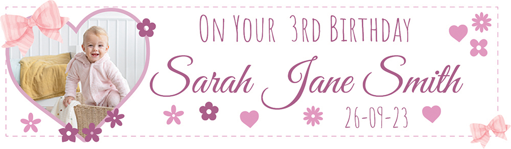Personalised 3rd Birthday Banner - Pink Hearts - Custom Name, Date & 1 Photo Upload