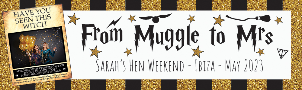 Personalised Hen Do Banner - Muggle To Mrs Witch - Custom Name, Place, Date & 1 Photo Upload