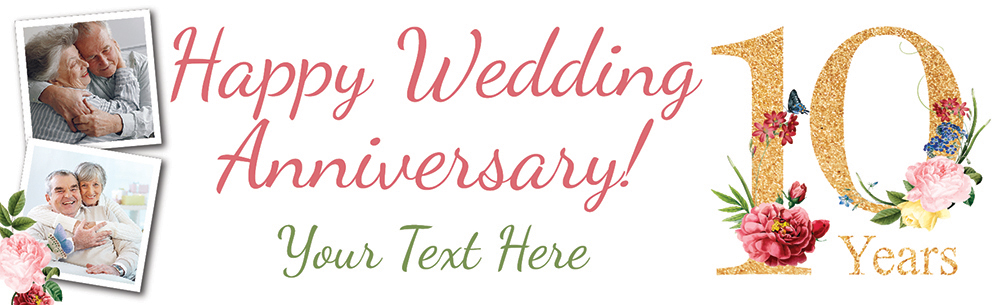 Personalised 10th Wedding Anniversary Banner - Floral Design - 2 Photo Upload & Custom Text
