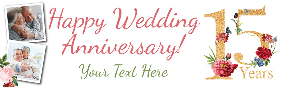 Personalised 15th Wedding Anniversary Banner - Floral Design - 2 Photo Upload & Custom Text