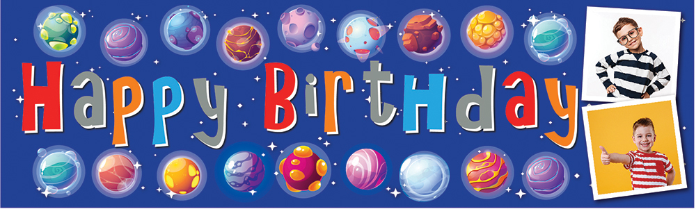 Personalised Happy Birthday Banner - Childrens Planets Space - 2 Photo Upload