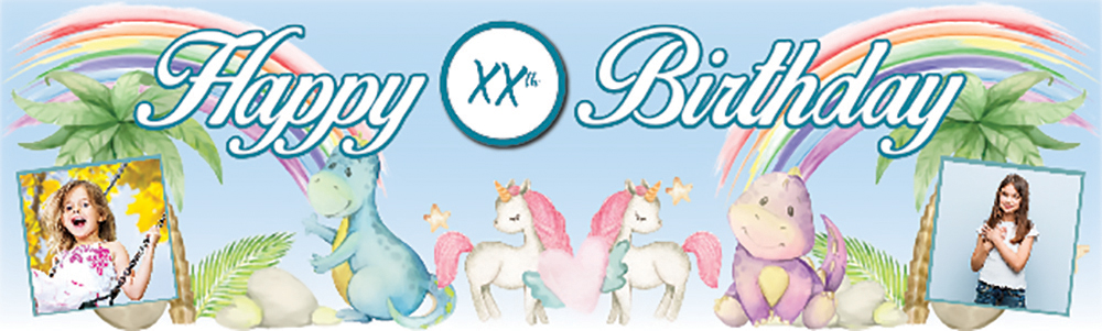 Personalised Happy Birthday Banner - Cute Baby Dinosaurs & Unicorns - Custom Age & 2 Photo Upload