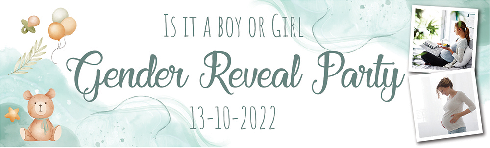 Personalised Gender Reveal Party Banner - Teddy Balloons Baby - Custom Date & 2 Photo Upload