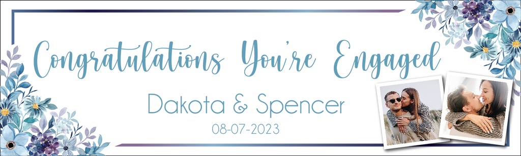 Personalised Engagement Party Banner - Blue Floral - Custom Date, Name & 2 Photo Upload