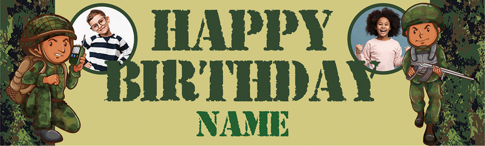 Personalised Happy Birthday Banner - Army Soldiers - Custom Name & 2 Photo Upload