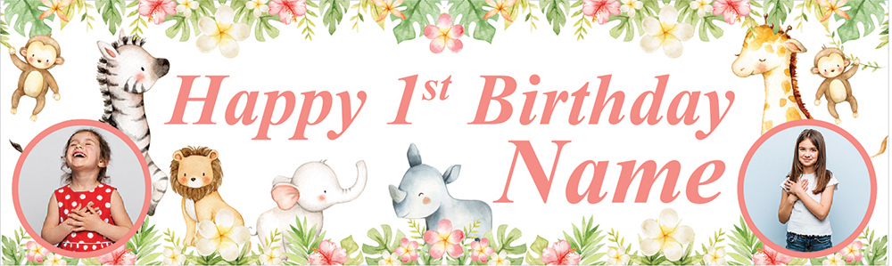 Personalised Happy 1st Birthday Banner - Baby Safari Animals - Custom Name & 2 Photo Upload