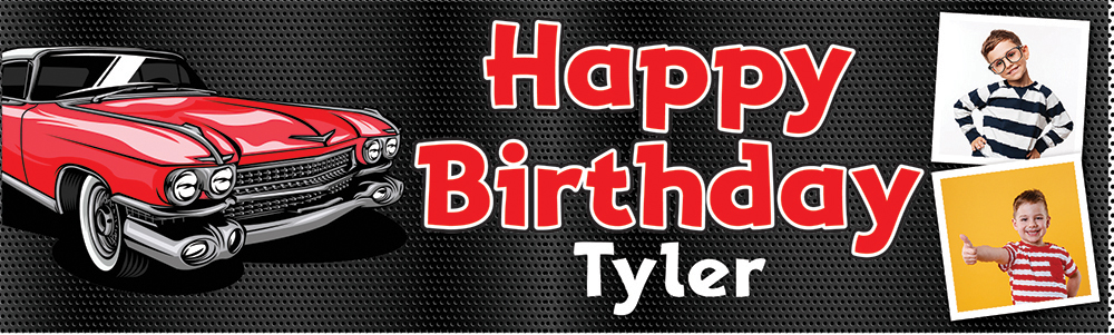 Personalised Happy Birthday Banner - Classic Red Car - Custom Name & 2 Photo Upload