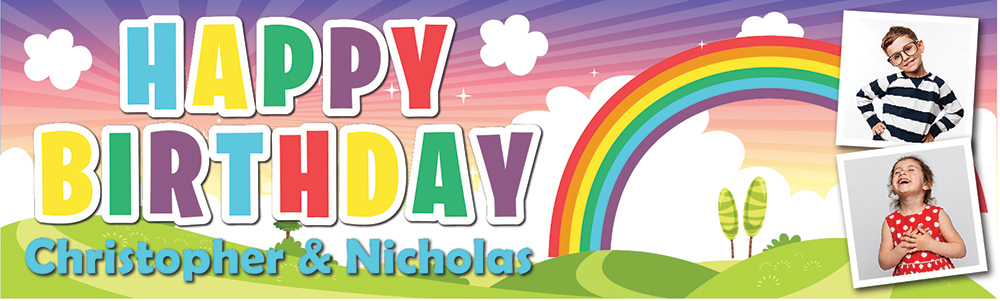 Personalised Happy Birthday Banner - Clouds & Rainbow Twins - Custom Name & 2 Photo Upload