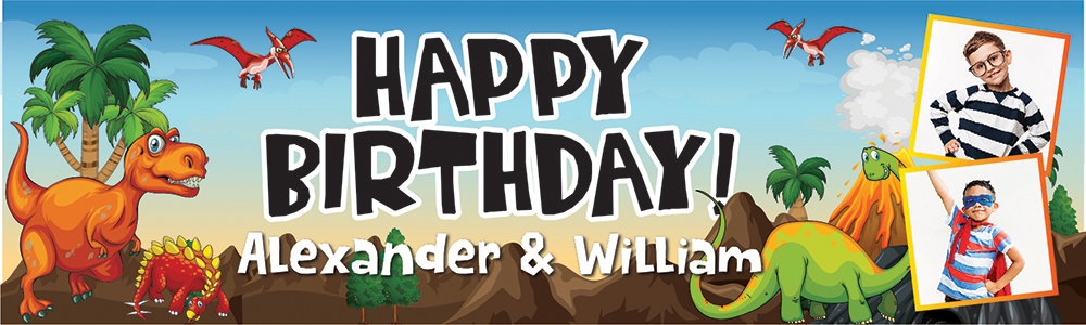 Personalised Happy Birthday Banner - Dinosaur Theme Twins - Custom Name & 2 Photo Upload