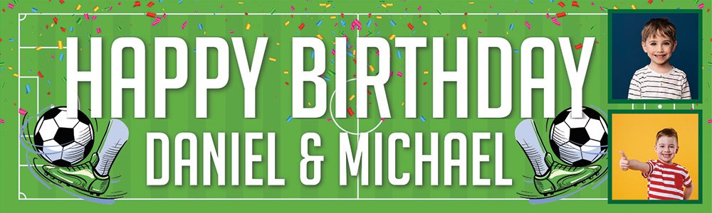 Personalised Happy Birthday Banner - Football Goal Twins - Custom Name & 2 Photo Upload