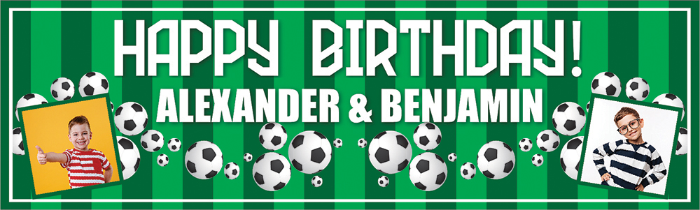 Personalised Happy Birthday Banner - Football Pitch Twins - Custom Name & 2 Photo Upload