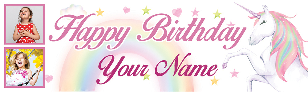 Personalised Happy Birthday Banner - Hearts & Stars Unicorn - Custom Name & 2 Photo Upload