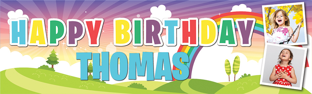 Personalised Happy Birthday Banner - Kids Rainbow - Custom Name & 2 Photo Upload