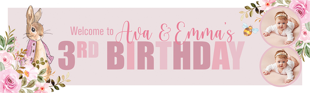 Personalised Happy 3rd Birthday Banner - Pink Rabbit Twins - Custom Name & 2 Photo Upload