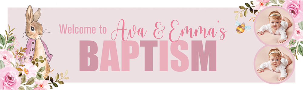 Personalised Baptism Banner - Pink Rabbit Twins - Custom Name & 2 Photo Upload