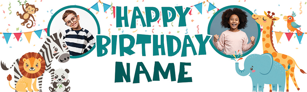Personalised Happy Birthday Banner - Safari Party - Custom Name & 2 Photo Upload
