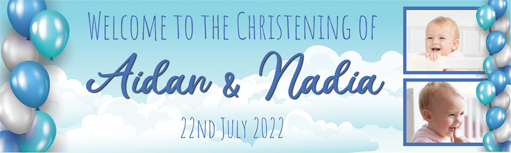 Personalised Christening Banner - Blue Balloons Twins - Custom Name, Date & 2 Photo Upload