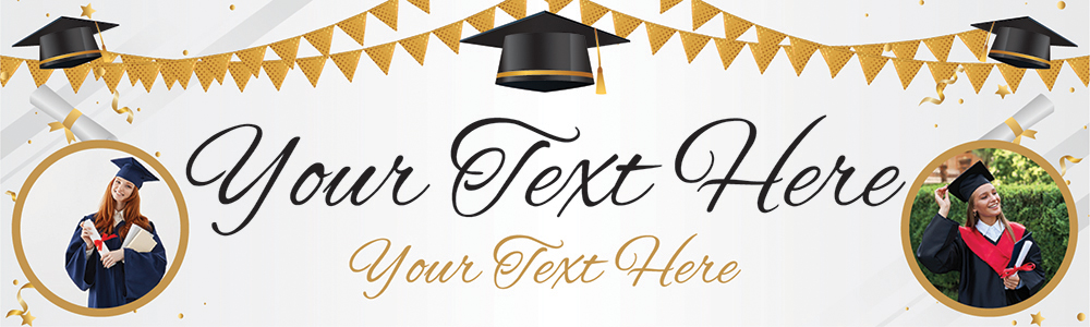 Personalised Graduation Banner - White & Gold - Custom Text & 2 Photo Upload