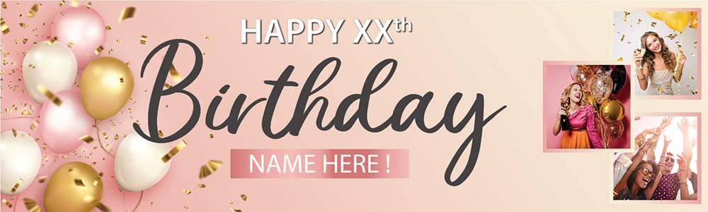 Personalised Happy Birthday Banner - Pink - Custom Age, Name & 3 Photo Upload