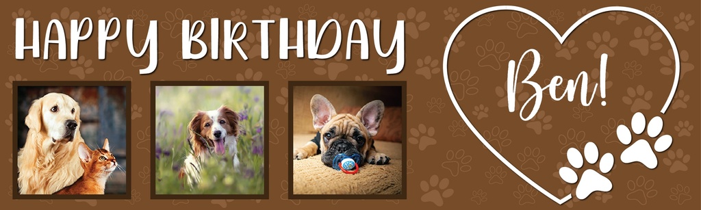 Personalised Pet Birthday Banner - Dog Cat Pawprints - Pet Name & 3 Photo Upload