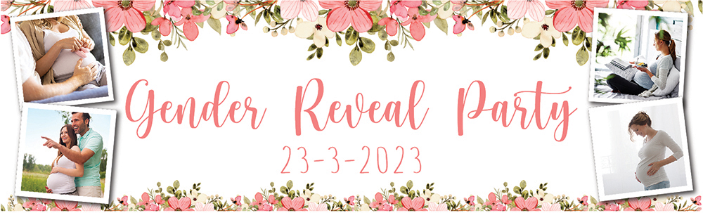 Personalised Gender Reveal Party Banner - Pink Floral Baby - Custom Date & 4 Photo Upload