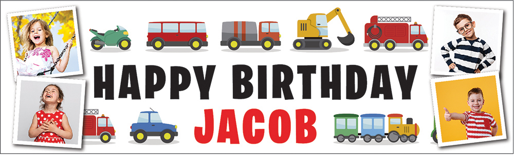 Personalised Happy Birthday Banner - Diggers Trucks & Trains - Custom Name & 4 Photo Upload