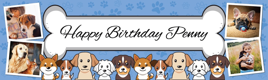 Personalised Pet Birthday Banner - Dog and Bone - Custom Name & 4 Photo Upload
