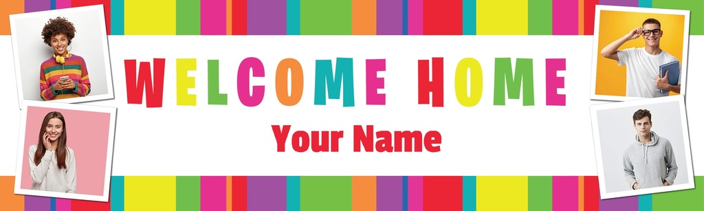 Personalised Welcome Home Banner - Rainbow Stripy - Custom Name & 4 Photo Upload