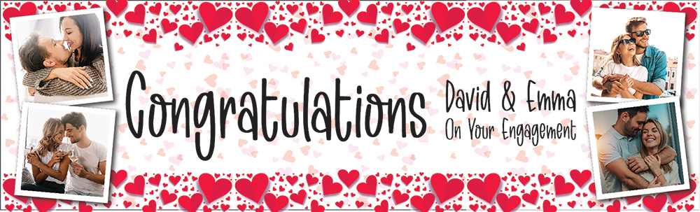 Personalised Engagement Party Banner - Red Heart Design - Custom Name & 4 Photo Upload