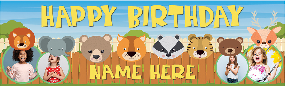 Personalised Happy Birthday Banner - Safari Animals Kids - Custom Name & 4 Photo Upload