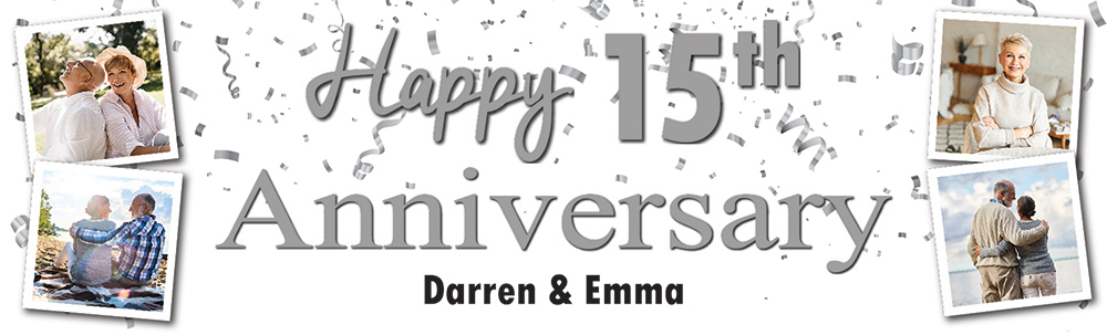 Personalised 15th Wedding Anniversary Banner - Silver Party Design - Custom Text & 4 Photo Upload