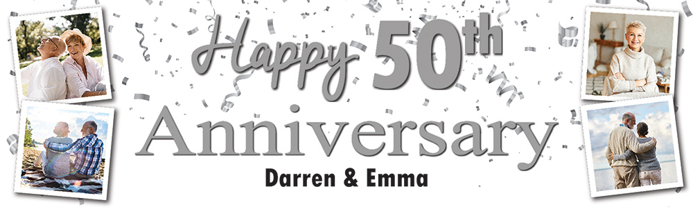 Personalised 50th Wedding Anniversary Banner - Silver Party Design - Custom Text & 4 Photo Upload