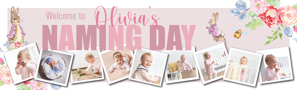 Personalised Baby Naming Day Banner - Pink Rabbit Floral Welcome - Custom Name & 9 Photo